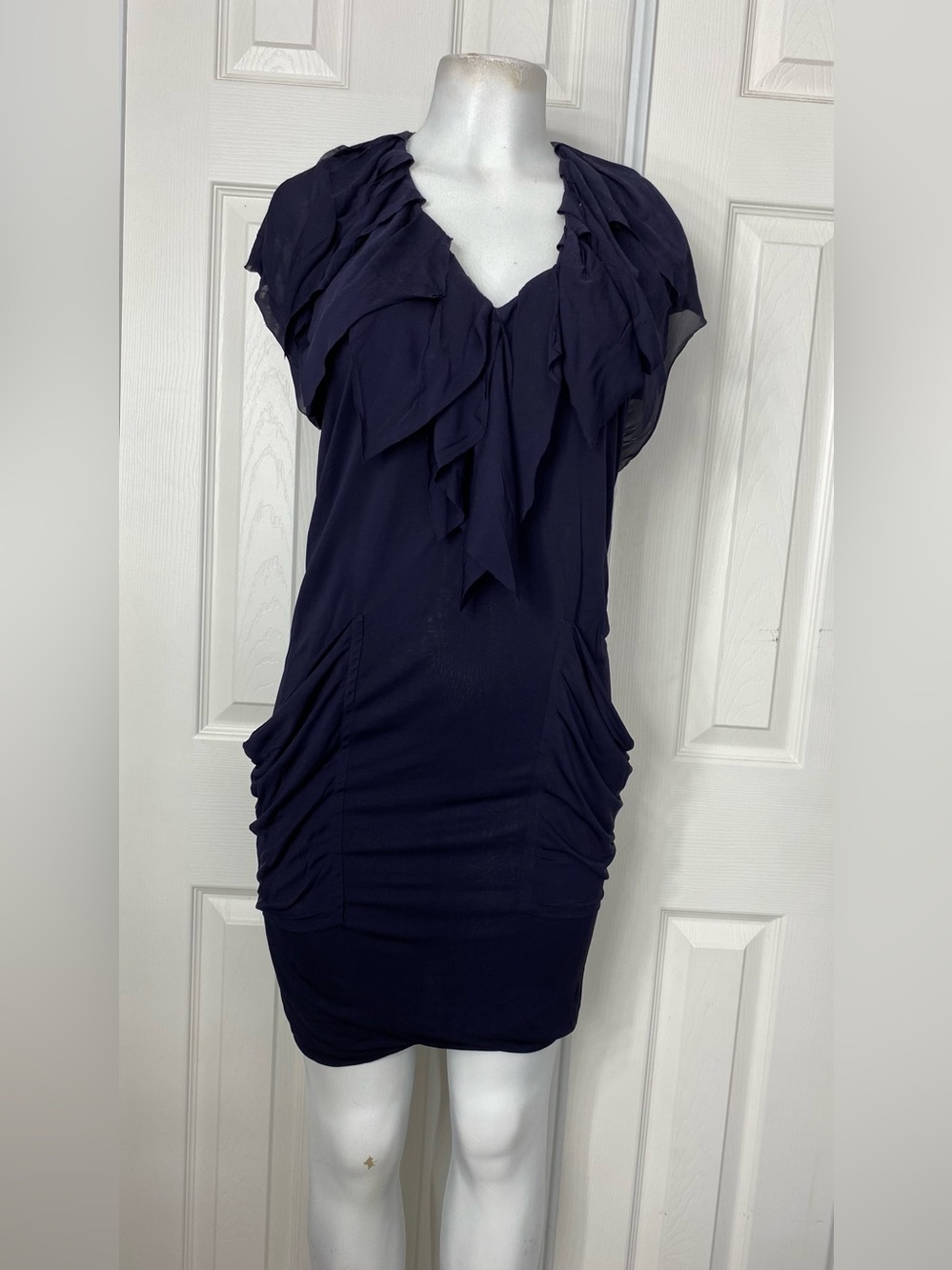 Yigal Azrouel Blue Ruched Midi Cocktail Dress